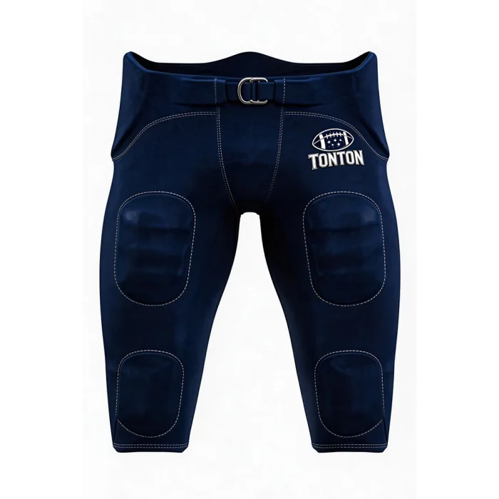 Front view of tonton navy blue integrated football pants with subtle branding and protective interior pads.