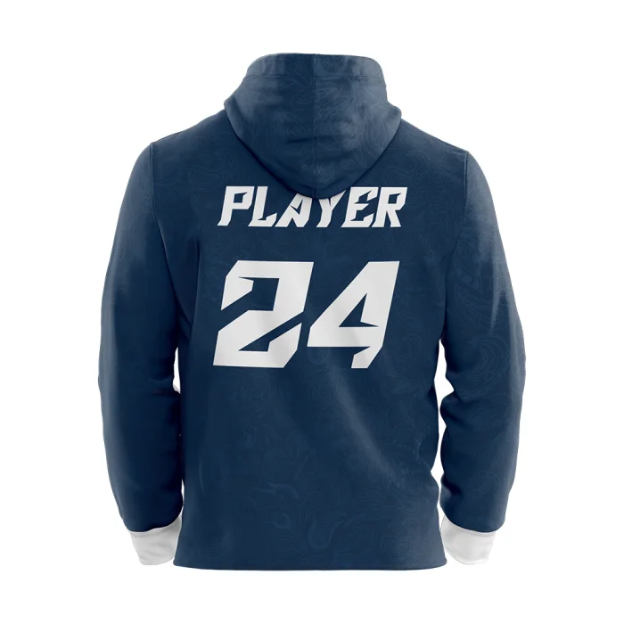 Back view of tonton custom navy warm-up hoodie by tonton featuring bold "PLAYER 24" print for team identification.