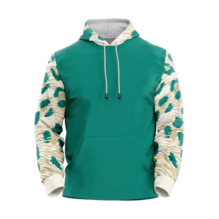 Front view of tonton teal green basketball warm-up top featuring tan and green leopard print sleeves and adjustable drawstring hood.