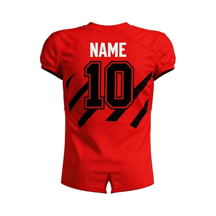 Back view of tonton custom red and black striped football jersey with player name and number 10.
