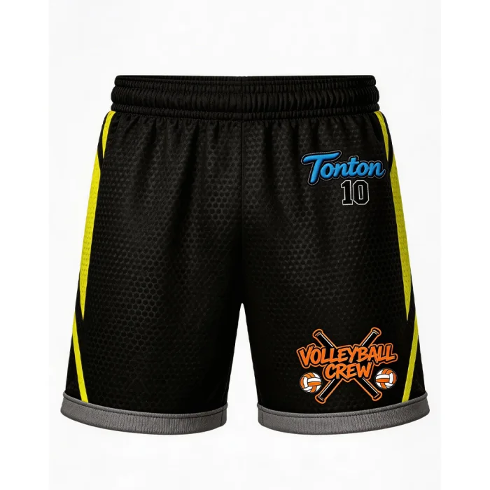 tonton custom black volleyball shorts featuring vibrant yellow radial side stripes and a professional team logo.