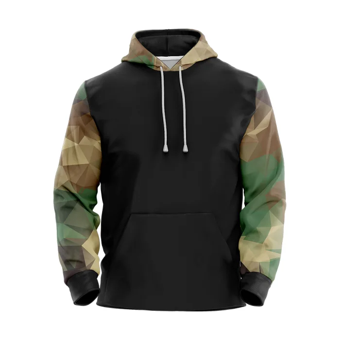 Front view of tonton custom basketball hoodie with black body and green/brown geometric camo print sleeves and hood.