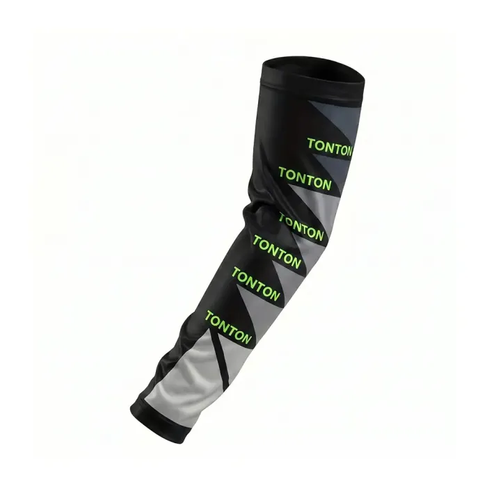 tonton custom basketball arm sleeve featuring a black and grey diagonal stripe pattern with vibrant neon green brand logos.