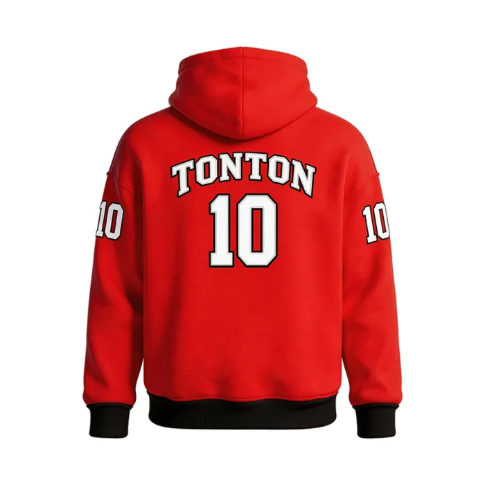 Back view of tonton custom red warm-up top by tonton featuring classic varsity font name and number 10.