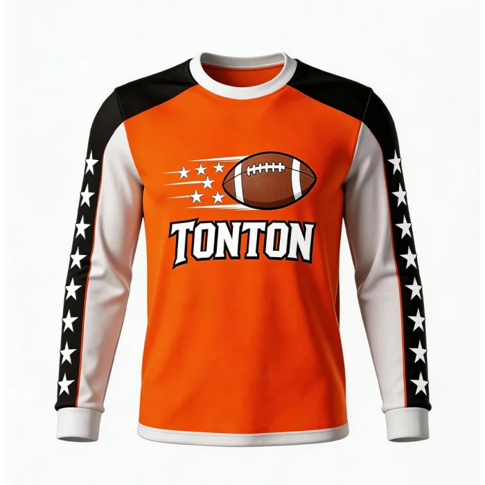 Front view of tonton orange and black raglan base layer with star patterns on sleeves and a central tonton football logo.