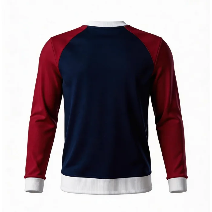 Back view of tonton custom navy and maroon athletic top featuring a clean raglan cut and white hem detailing.