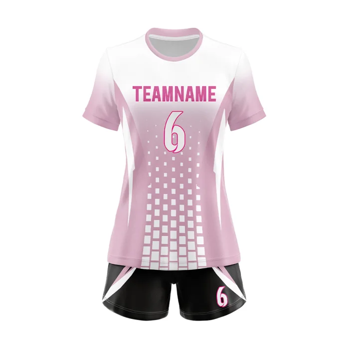 Front view of tonton gradient pink volleyball kit for women with white honeycomb patterns and number 6.
