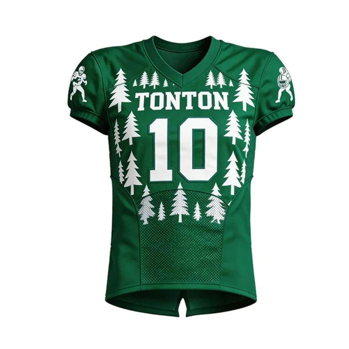 Front view of tonton custom green American football jersey featuring a white pine tree forest pattern and number 10.
