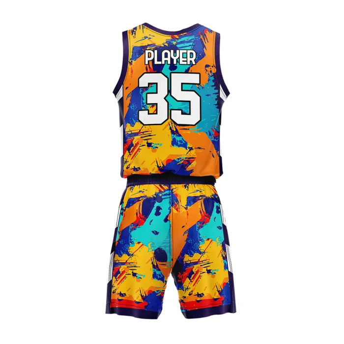 Back view of tonton colorful graffiti style basketball jersey and shorts with player name and number 35.