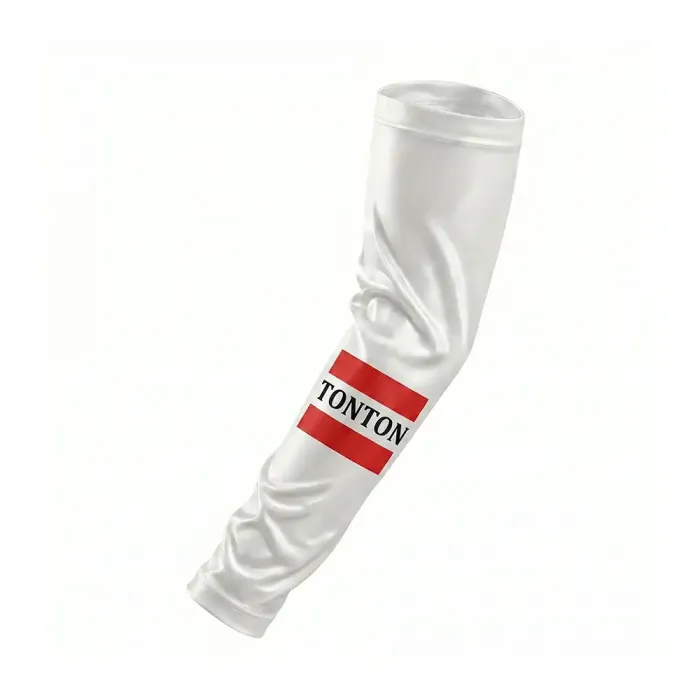 tonton professional white athletic arm sleeve featuring a bold red rectangular band with the tonton logo in white.