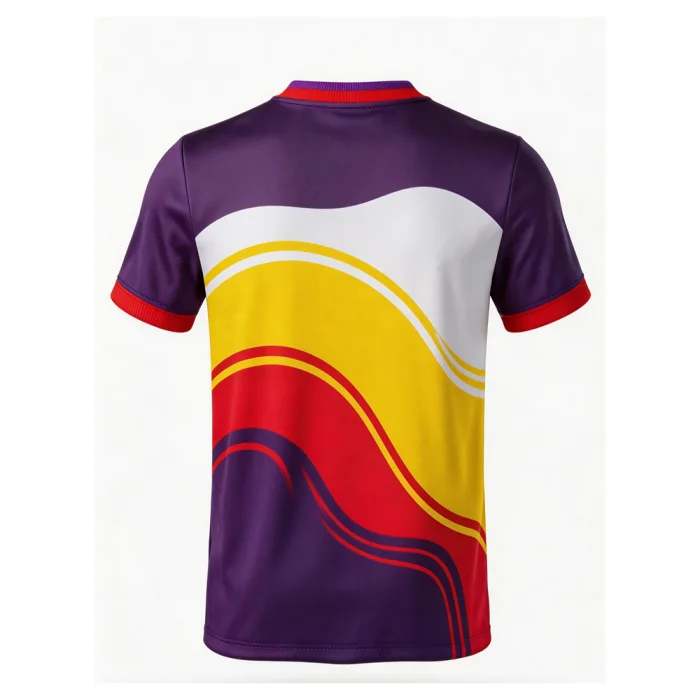 Back view of tonton volleyball jersey with wavy purple, white, and yellow color-block design.