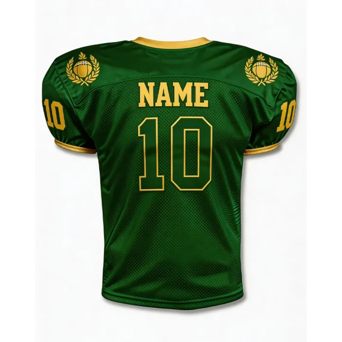 Back view of tonton professional forest green practice jersey by tonton with gold player name and number 10.