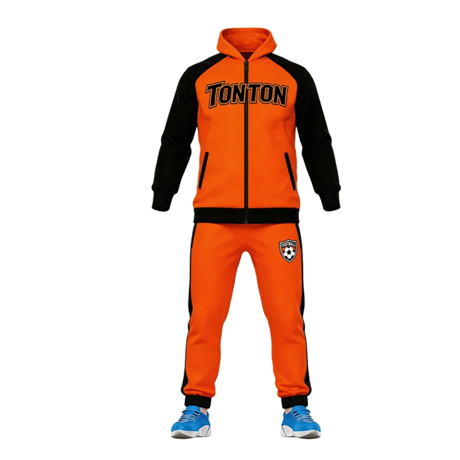 TONTON-Fußball-Trainingsanzug in lebendigem Orange und Schwarz – verstärkte Abschlüsse, lockerer Schnitt