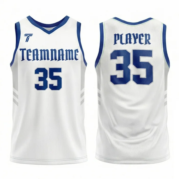 Front view and back view of tonton white basketball practice jersey featuring royal blue V-neck collar, team name, and number 35 on breathable mesh.