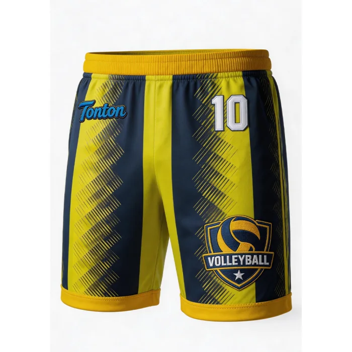 tonton custom volleyball shorts featuring vertical yellow and navy blue textured stripes and a circular volleyball club crest.
