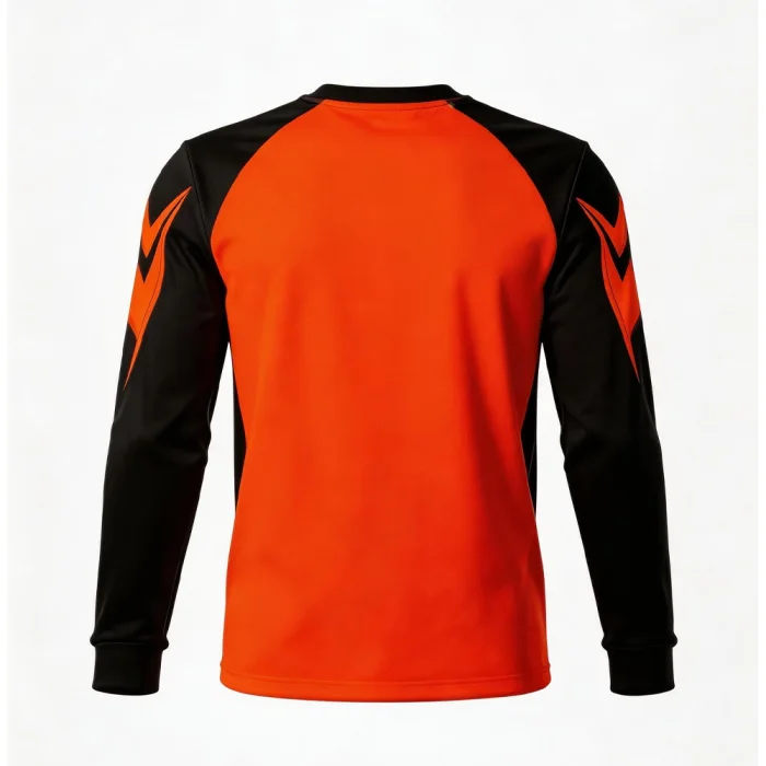 Back view of tonton orange and black athletic compression shirt with professional raglan sleeves and flame accents.