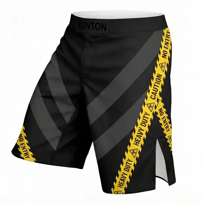 tonton black custom MMA shorts left view with diagonal yellow caution tape stripes fightwear