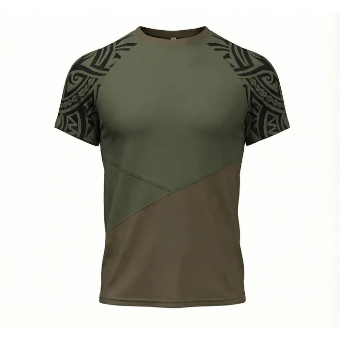tonton olive green custom boxing jersey front view with black tribal tattoo patterns on sleeves