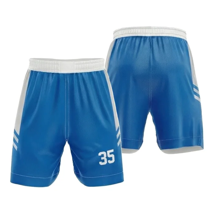 Front view and back view of tonton royal blue basketball shorts with white side trim, side stripes, and clean athletic numbering 35.
