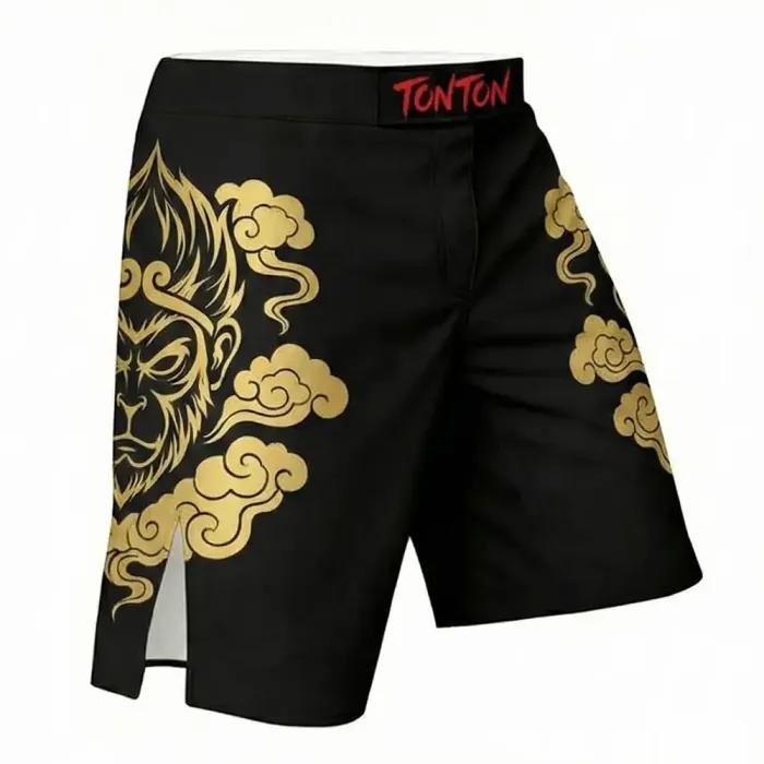 tonton black custom MMA shorts right view with gold cloud pattern fightwear