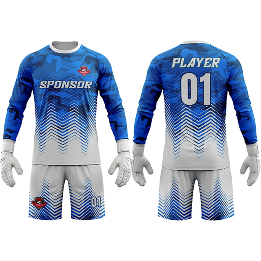 TONTON-Torwart-Ausrüstung in königlichem Blau und Weiß mit Farbverlauf – vollständiges Sublimations-Druck-Teamtrikot-Set