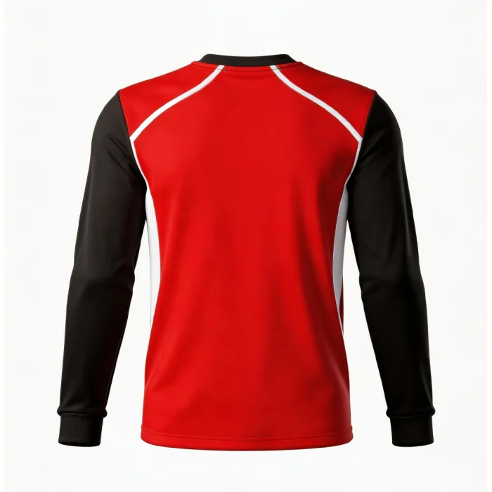 Back view of tonton professional red and black base layer with white contrast piping and athletic silhouette.