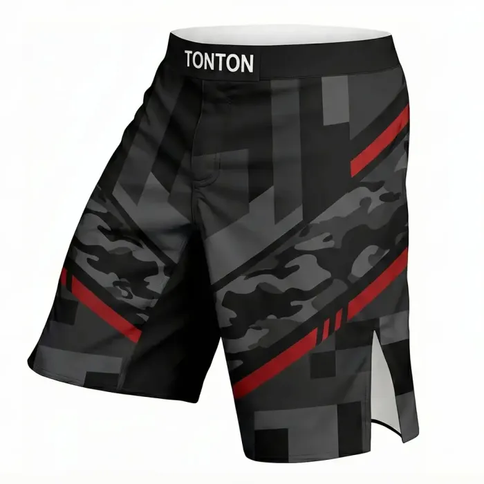tonton dark camo custom MMA shorts left view with geometric blocks and red accents