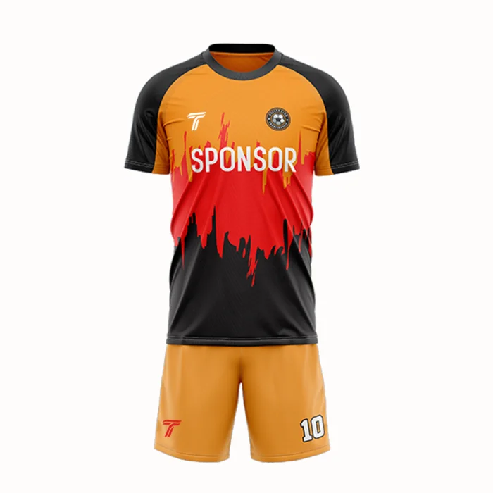 Front view of tonton orange and red soccer jersey with a jagged flame graphic and matching yellow shorts.