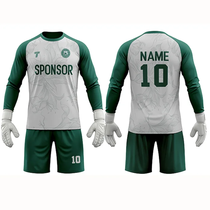 Front view of tonton custom white and forest green long-sleeve goalkeeper kit with sponsor logo.