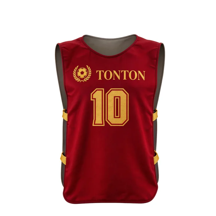 Front view of tonton maroon soccer training bib with minimalist gold logo and number 10.