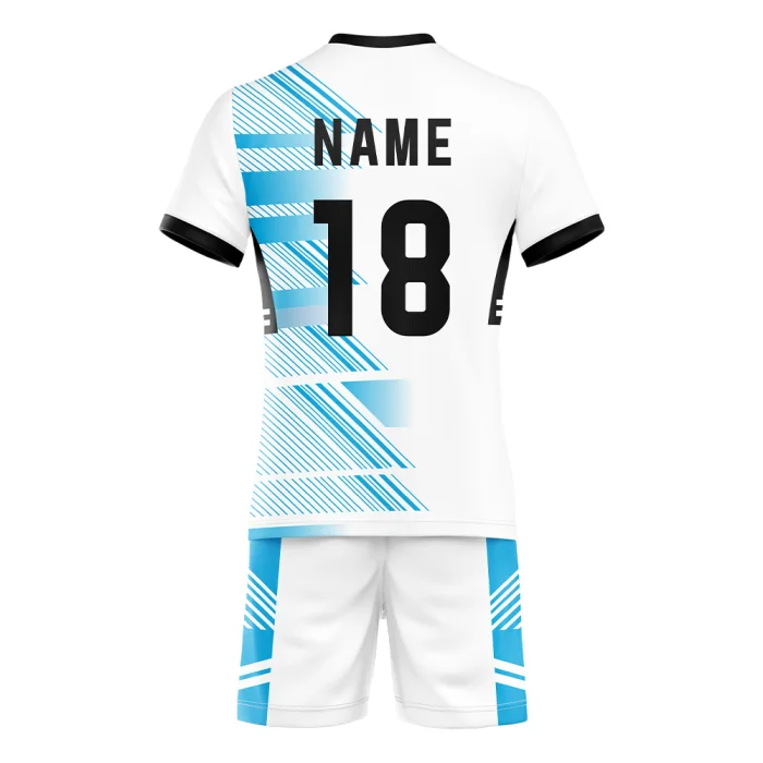 Back of tonton white volleyball jersey with cyan artistic spray patterns and "NAME 18".