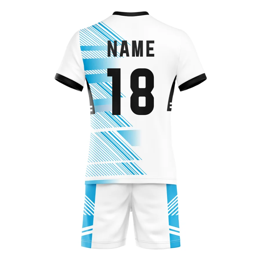 Back of tonton white volleyball jersey with cyan artistic spray patterns and "NAME 18".