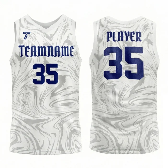 Front view and back view of tonton custom basketball practice jersey featuring a white and grey marble swirl pattern with royal blue numbering.