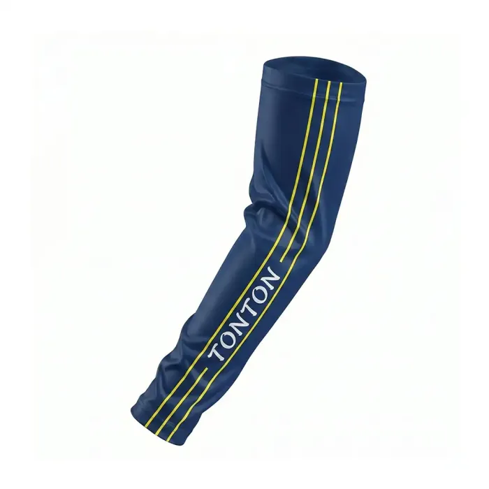 tonton basketball arm sleeve in navy blue with double yellow racing stripes and the tonton brand logo for a classic sporty look.