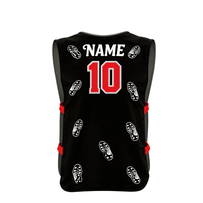 Back view of tonton custom black soccer bib with soccer shoe prints and red player number 10.