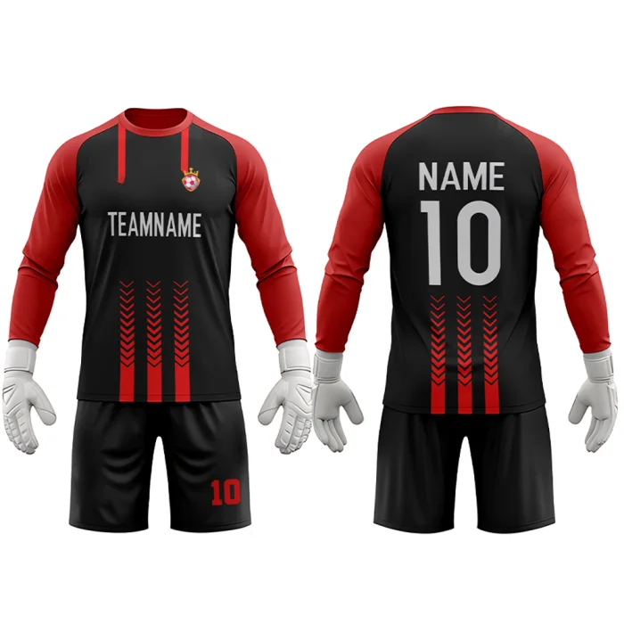 Front view of tonton professional black and red goalkeeper kit with vertical stripes and chevron patterns.