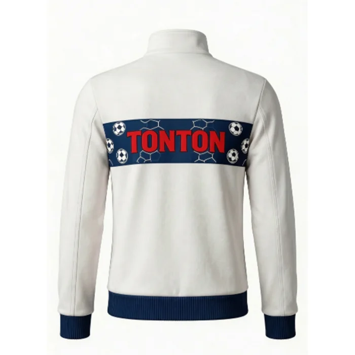 Back view of tonton custom white soccer jacket featuring a navy blue horizontal brand panel.