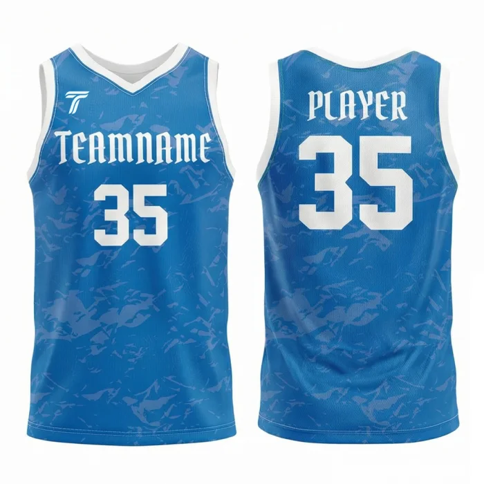 Front view and back view of tonton sky blue basketball practice jersey with a subtle marble texture, white V-neck, and team branding.
