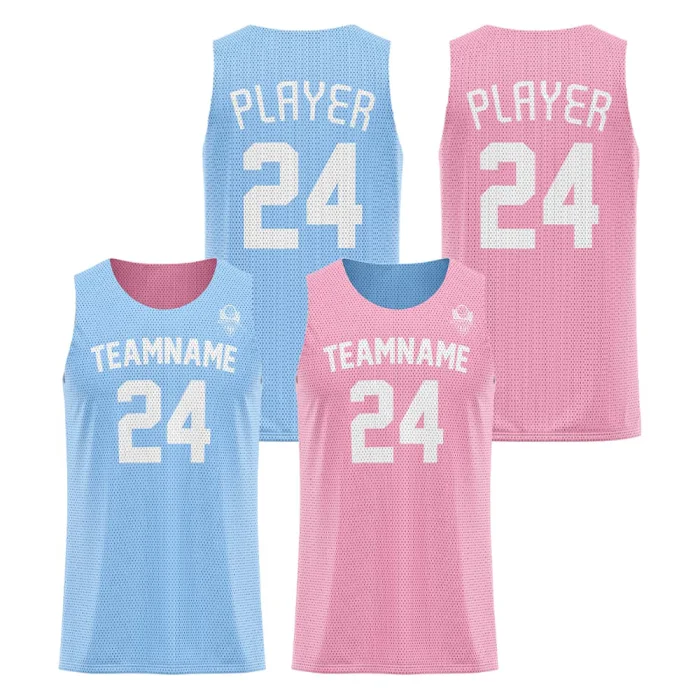 Front view and back view of tonton reversible basketball jersey in sky blue and pink, showcasing a full mesh athletic texture and clean pinstripe-effect fabric.