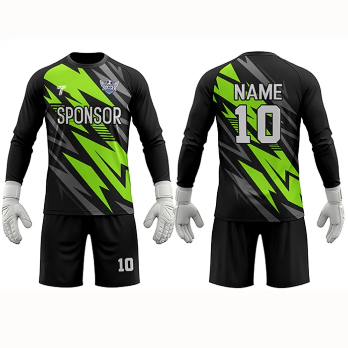 Front view of tonton black goalkeeper kit with vibrant neon green lightning bolt graphics and padding.