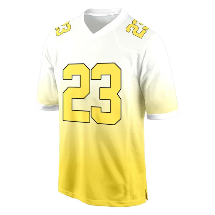 Front view of tonton white to yellow gradient American football fan jersey featuring a clean v-neck and number 23.