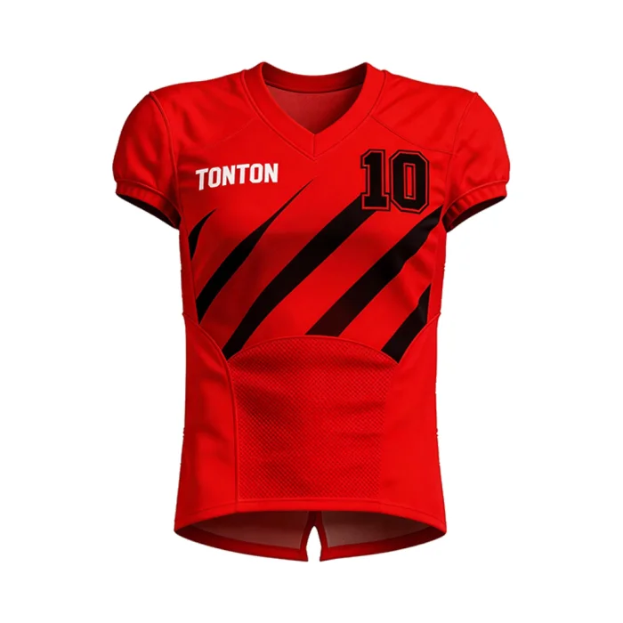 Front view of tonton red American football jersey featuring black diagonal stripes and number 10.