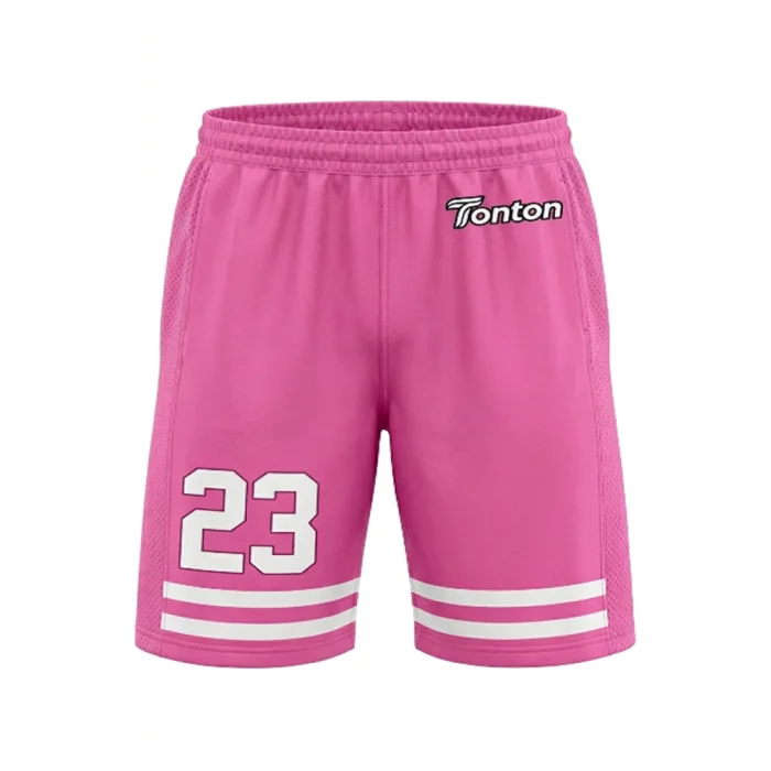 Front view of tonton vibrant pink soccer shorts featuring white horizontal stripes on the hem and number 23.