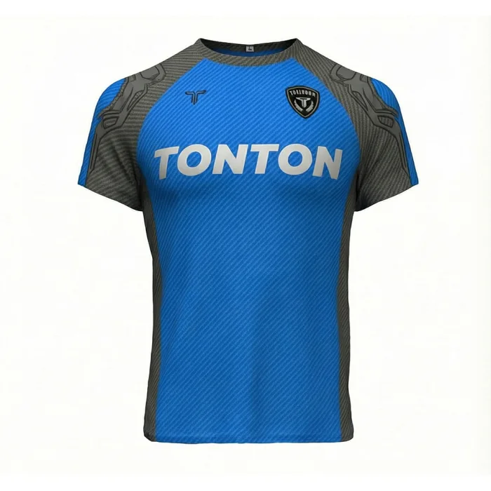 tonton blue custom boxing jersey front view with textured grey sleeves and bold brand logo fightwear
