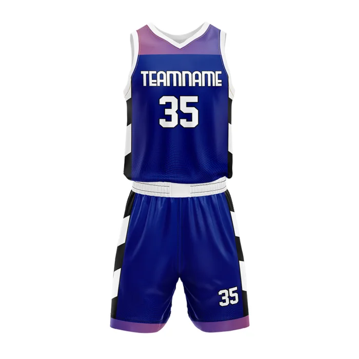 Front view of tonton athletic royal blue basketball uniform with a purple gradient shoulder design and bold white number 35.