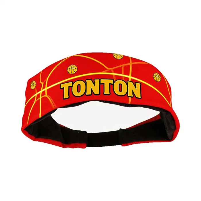 tonton professional sports headband in red with yellow basketball graphics and a high-contrast yellow brand name for on-court visibility.