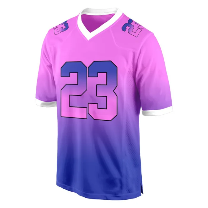 Front view of tonton vibrant pink to purple gradient American football fan jersey with contrasting number 23.