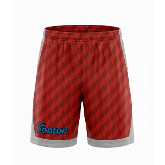 Front view of tonton red and dark red checkered soccer shorts with grey side panels and branding.
