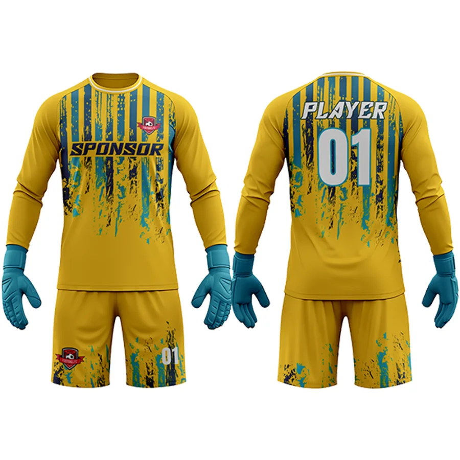 TONTON-Gelb- und Türkis-Spritzer-Torwart-Outfit – individuell gestaltbares Logo, verstärktes Spiel-Trikot