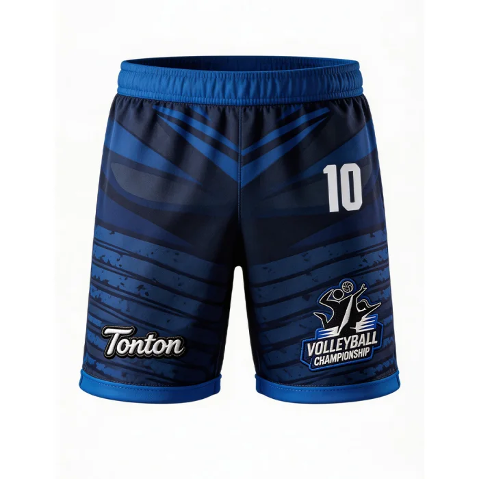 Front view of tonton navy blue volleyball shorts featuring horizontal gradient stripes and white player number 10.